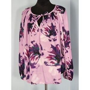 Jennifer Lopez JLO Blouse Large Purple Floral Boho Keyhole Neck Ties